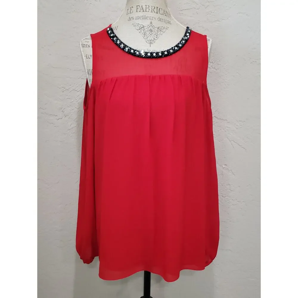 Michael Kors Red Long Sleeve Cold Shoulder Beaded Crew Neck Blouse Shirt Top